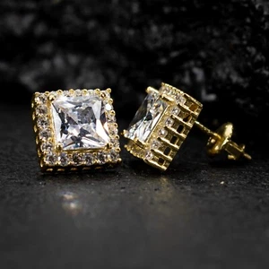 Yellow Gold Plated Mens Women's Square Cut Halo Princess Cut Stud Earrings - Picture 1 of 5