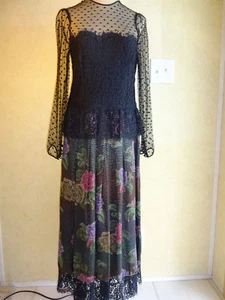 Vintage 1970s Joan Leslie by Kasper Dress M Black Gold Lace Tulle Flowers - Afbeelding 1 van 12