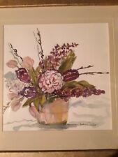 Pretty Original Watercolor Painting - Purple Flower Arr. - Framed Matted Signed