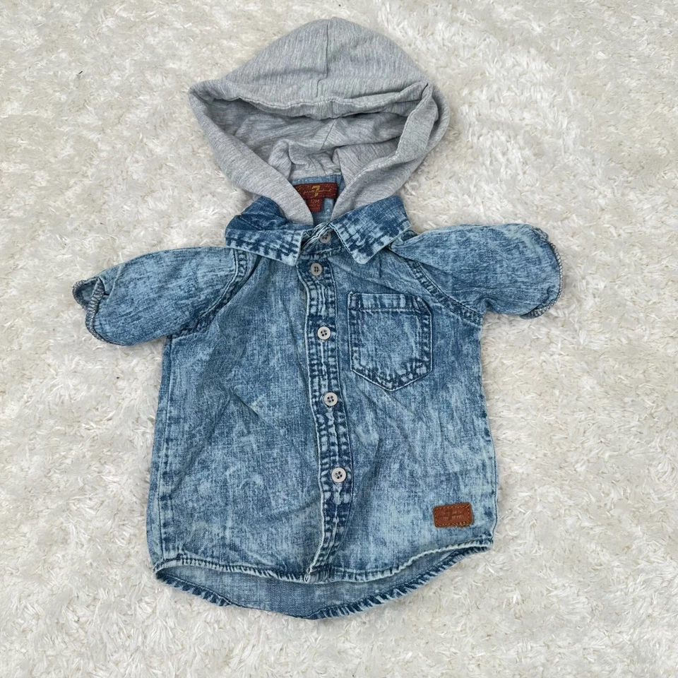 7 For All Mankind 12M Baby Boy's Denim Button Shirt Hoodie Casual Preppy — 第 1/4 张图片