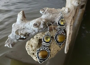 Tigers Eye Gemstone & Citrine Earrings- Brand New - Picture 1 of 2