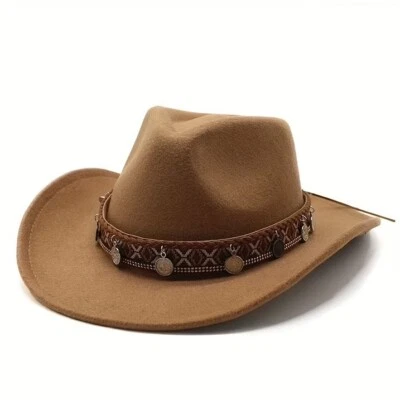 Light Brown Western Cowgirl Cowboy Hat Men Women – Tribal Band Felt Wide Brim - Image 1 of 2