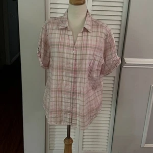 HASTINGS & SMITH Women's Shirt Size XL Pink White Crinkle 100% Cotton Blouse - Picture 1 of 9