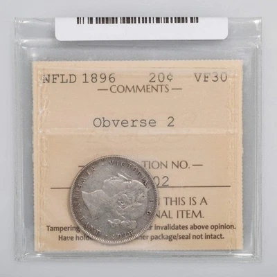 NFLD 20 Cent 1896 Obverse 2 ICCS VF-30 - Image 1 of 2