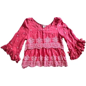 American Eagle bestickt Boho Top Rüschenärmel Gr. M rosa weiß romantisch Girly - Bild 1 von 12