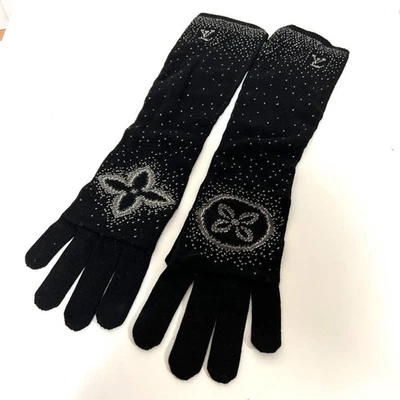 Louis Vuitton Gon Poliana Long Gloves Black Glitter Cashmere Black M72762 Auth - Image 1 of 4