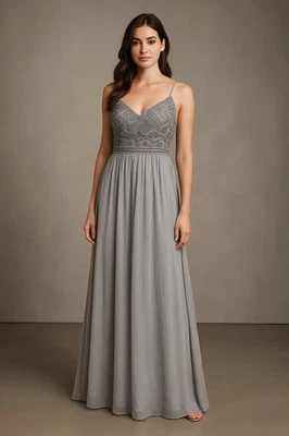 Maxi Vestido Formal Adrianna Papell Cuentas Plateado 4 Vestido de Noche Baile de graduación Boda Gala Foto 1 de 4