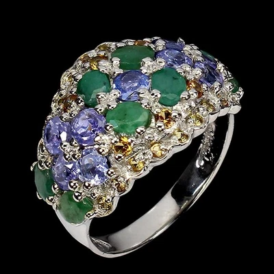 Anillo de plata de ley 925 ovalado zafiro esmeralda tanzanita piedras preciosas naturales joyero Foto 1 de 4
