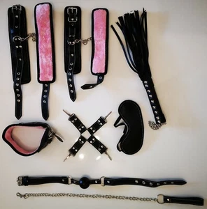 BDSM Bondage 8 Parts Handcuffs Mask Gag Ball 4 point Hog Tie Whip Leash Neck 2EO - Picture 1 of 5