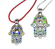 Two Stunning Moroccan Silver & Enamel Hamsa Necklaces