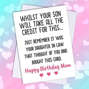 Tarjeta de cumpleaños de mamá de humor divertido. Hija en la ley, hijo. Cheeky Broma de amor A5 - Imagen 1 de 1