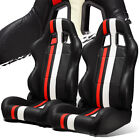 Black PVC Leather Red/White Strip Left/Right Recaro Style Racing Seats + Slider