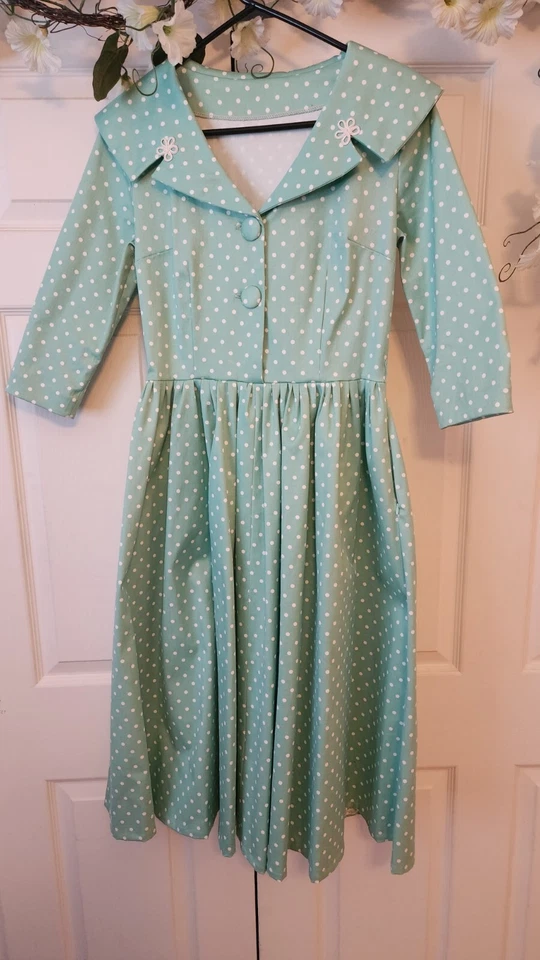 Handmade Vintage Mint Green Polka Dotted Cocktail Dress Womens 1940s - Image 1 of 4