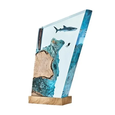 Deep Blue Sea, lámpara de resina de océano, lámpara de madera de resina epoxi de tiburón, diorama del océano Foto 1 de 4