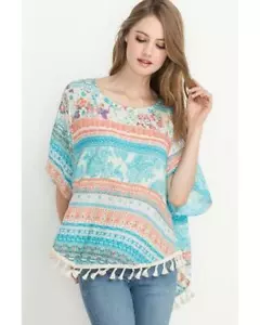 Drop of Sunshine Paisley Print Tassel Hem Top in Coral - Picture 1 of 5