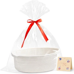 Small Woven Easter Basket with Gift Bag & Ribbon – Cute White Storage Bin - Picture 1 of 7