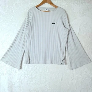 Nike Ribbed Jersey Bell Sleeve Long Sleeve V Neck Shirt Womens M Gray Dv7866-025 - Picture 1 of 9