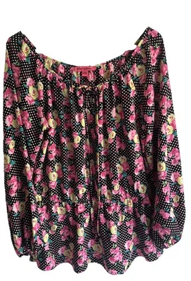 Betsey Johnson 花卉圆点农民上衣袖 L 码粉色衬衫 — 第 1/4 张图片