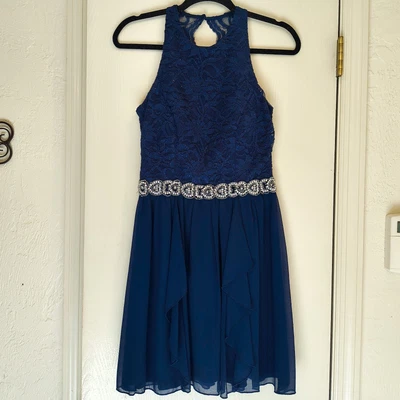 Juniors Size 5 Navy Blue Dress Sparkle Lace Beaded Rhinestone Racerback Padded - Image 1 of 4