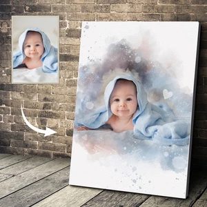 New Baby Watercolour Portrait From Your Photo, Baby Gift, Framed Print Canvas - Picture 1 of 9