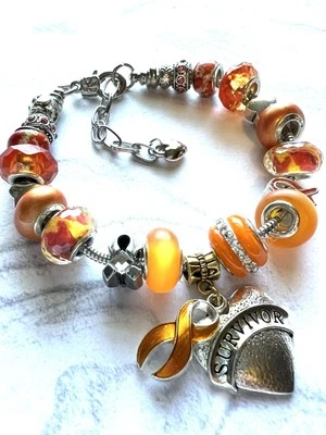 Pulsera naranja con dije de estilo europeo para sobrevivientes de leucemia se adapta a 7,5-8,5" Foto 1 de 4