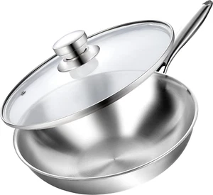 Tri-Ply 13 Zoll Edelstahl Wok Pfanne mit Deckel, Rührpfanne, Induktion Wok, - Bild 1 von 7