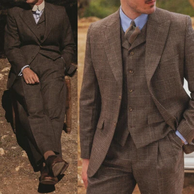 Men Suits Regular Fit Wool Blend Herringbone Notch Lapel Blazer Business Wedding - Image 1 of 4