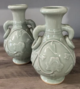 Set Of 2 Antique Celadon ring vase, Peony Flowers Vines Vintage Asian Pottery - Picture 1 of 6