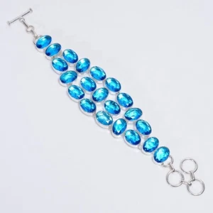 925 Sterling Silver Swiss Blue Topaz Gemstone Handmade Jewelry Chain Bracelet - Picture 1 of 6