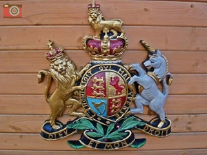 LARGE ROYAL COAT OF ARMS WALL PLAQUE. Crest Warrant. King & Queen. Hand Painted