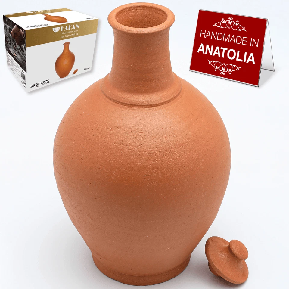 Hakan Handmade Traditional Natural Unglazed Clay Pitcher with Lid, S-M-L