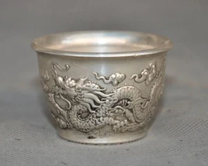 Collect China Tibetan Silver Dragons DragonLoong Statue Tea Bowl Wineglass Cup - Picture 1 of 5