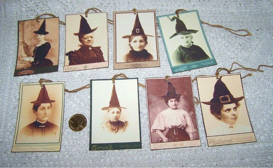 8~Halloween~Witch~Primitive~Wicca~Samhain~Photo~Linen Cardstock~Gift~Hang~Tags - Image 1 of 1
