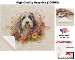 Bearded Collie Dog Breed Floral Pet Portrait #1 Sherpa Fleece Throw Blanket - Picture 1 of 6