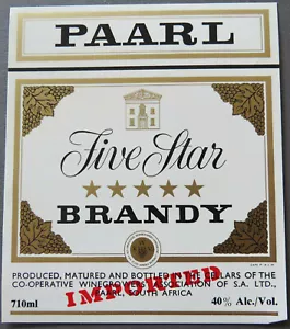 Vintage PAARL FIVE STAR Brandy SOUTH AFRICA Paper Spirit 4-1/4" - Picture 1 of 1