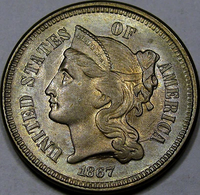 1867 Nickel Three Cent Piece GEM BU++ Flashy, Original, and So Very Very NICE!!  - Image 1 of 2