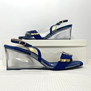 Vintage 70er Norman Kaplan Slingback Keilabsatz Größe 8 blau gold Lucite Vinyl - Bild 1 von 10