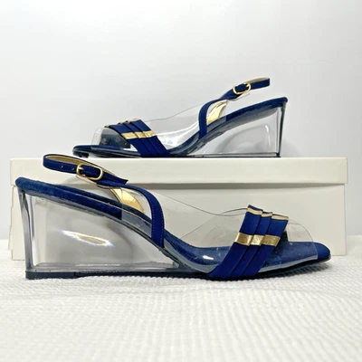 Tacones de cuña Norman Kaplan vintage años 70 talla 8 vinilo Lucite azul dorado Foto 1 de 4