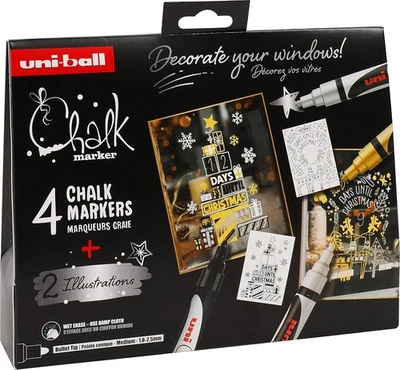 POSCA Uni-Ball 186280 - Kreidemarker Set Xmas skand, 4 Marker mit 2 Schablonen, UNI CH