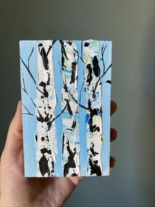 Birkenbaum, Bäume, Blumen Original Acryl Gemälde auf Holzklotz, - Bild 1 von 5