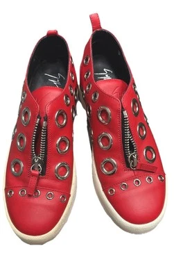Giuseppe Zanotti  Silver Tone  Grommets & RED Calf Leather Sneakers Size 39 - Image 1 of 4