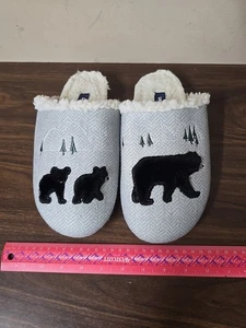 LANDS' END Scuff Slippers Gray Felt Faux Fur Bears Women's Size 6 - Picture 1 of 3