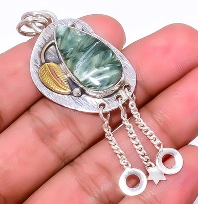 Colgante de joyería con textura de hoja de dos tonos de plata de ley 925 de serafinita 2,34" P2 Foto 1 de 4