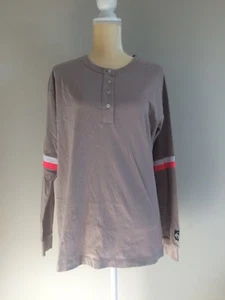 Victoria Secret PINK Tan Sweatshirt Pink White Striped Sleeves Size Small S** - Picture 1 of 4