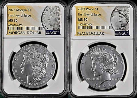 2023 P Morgan and Peace Silver Dollar 2 Coin Set $1 NGC MS 70 FIRST DAY of ISSUE Cover