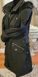 Guess Womens Black Faux Fur Hooded Long Parka (XL) With Zipper & Snap Closures - Picture 1 of 18