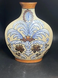 Stoneware Pottery Bud Vase, Cream Colored Base w/ Blue & Brown Floral Pattern - Picture 1 of 5