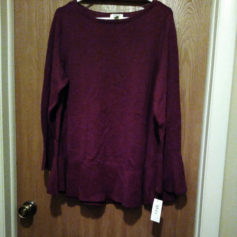 Style & Co Women's Plus Ruffled Hem Bell Sleeve Sweater Wine Size 0x