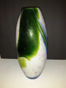 Mundgeblasene schöne Kunstglasvase 12 Zoll weiß mit mehrfarbigen Spritzern - Bild 1 von 5