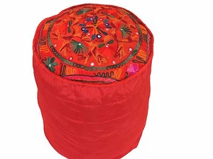 Red Round Pouf Footstool Cover Floral Embroidery Floor Ottoman Slipcover 16" - Picture 1 of 3